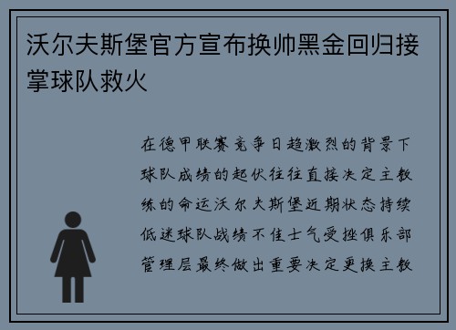 沃尔夫斯堡官方宣布换帅黑金回归接掌球队救火 沃尔夫斯堡官方宣布换帅黑金回归接掌球队救火
